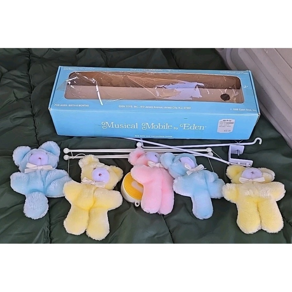 Vtg 1986 Eden Toys Musical Crib Mobile Teddy Bears Pastel Pink Blue Yellow Boxed